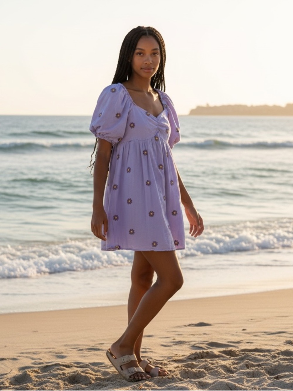 En Merci Floral Embroidered Puff Sleeve Babydoll Dress Purple Size Small